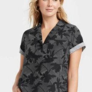 Universal Thread Womans NWT Black Short Sleeve Button Up Linen Blend Top MEDIUM